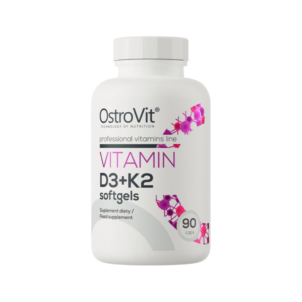 OstroVit vitamin D3+K2 softgels i plastburk med lock och etikett, 90 kapslar