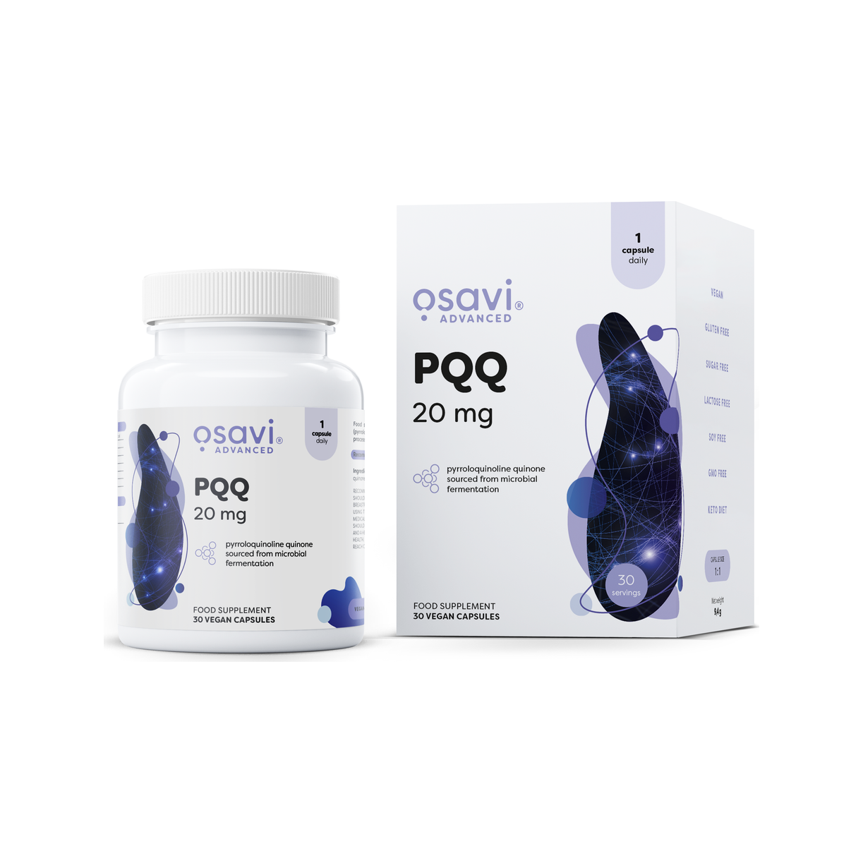Osavi PQQ 20 mg kapselbeholder och kartong med 30 kapslar