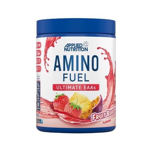 Aminofuel-burk med blått lock och etikett för Fruit Burst.