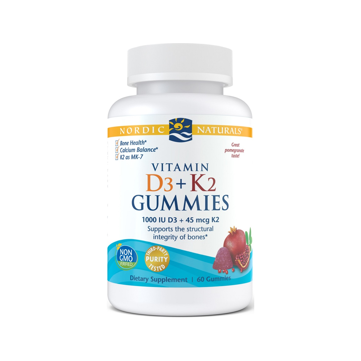 Nordic Naturals vitamin D3+K2 tuggtabletter i pomegranate-flaska, 60 gummies