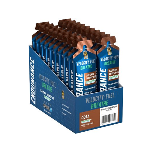 Isotonisk energigel med cola-smak, blå kartongförpackning, Velocity-Fuel Breathe