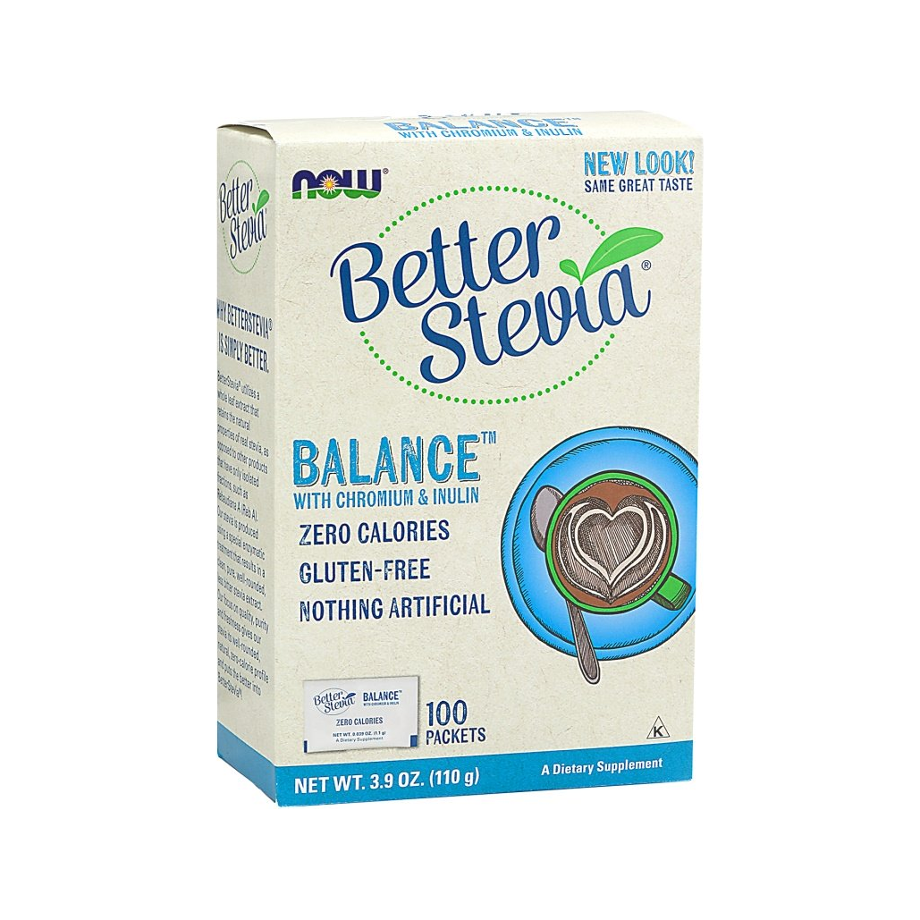 NOW Foods Better Stevia Balance kartong med 100 portionspåsar