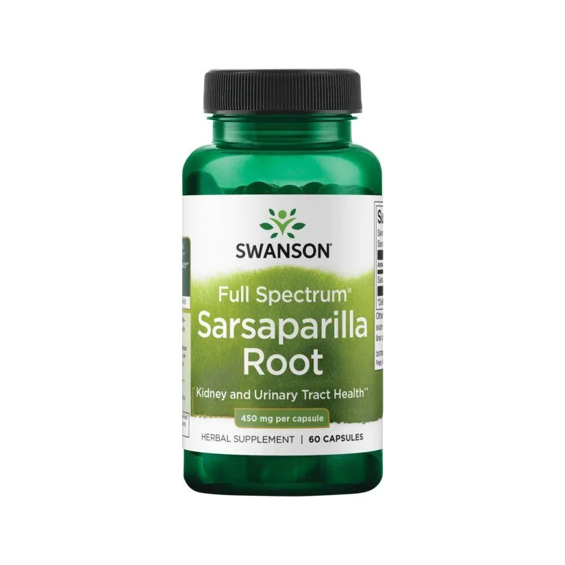 Swanson kapseltillskott med sarsaparillarot, 450 mg, mörkgrön flaska med etikett