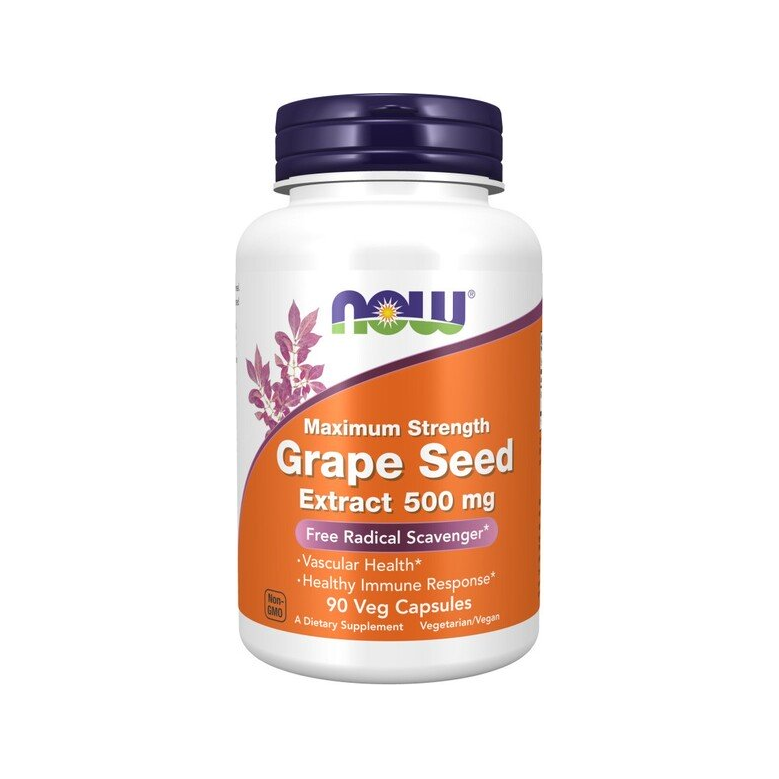 Kapseltillskott i flaska, NOW Grape Seed Extract 500 mg, 90 vegetabiliska kapslar.