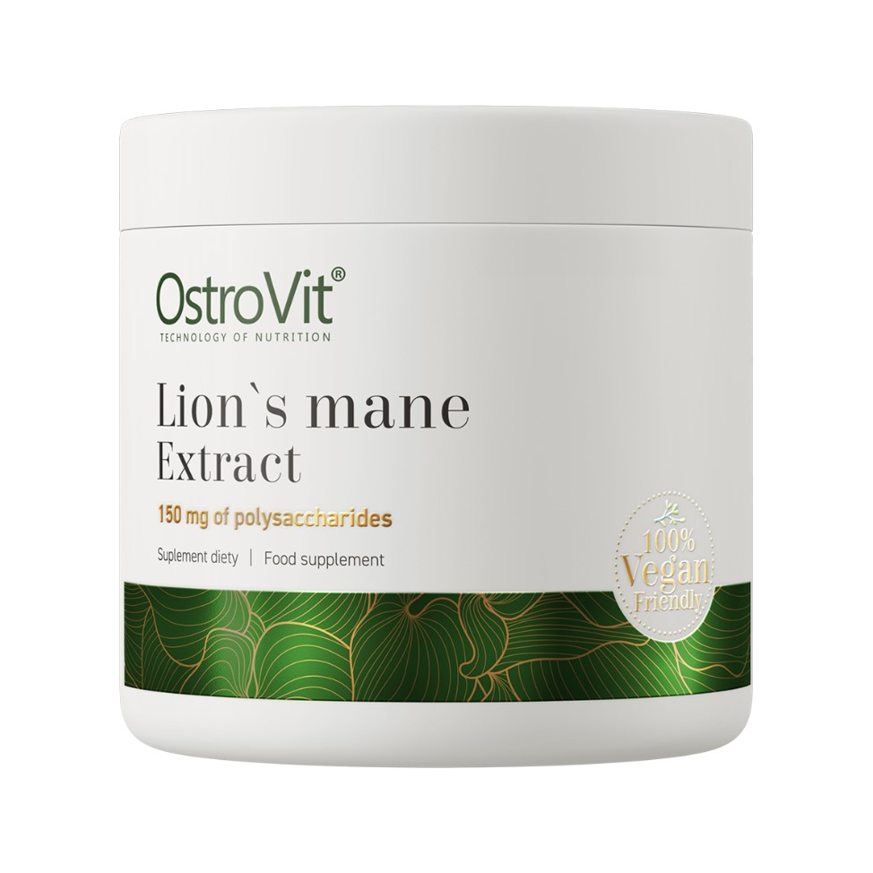OstroVit Lion's mane-extrakt i vit förpackningsburk, 150 mg polysackarider, vegan