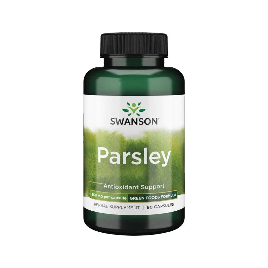 Swanson persilja 650 mg kosttillskott i mörkbrun kapselflaska med svart lock