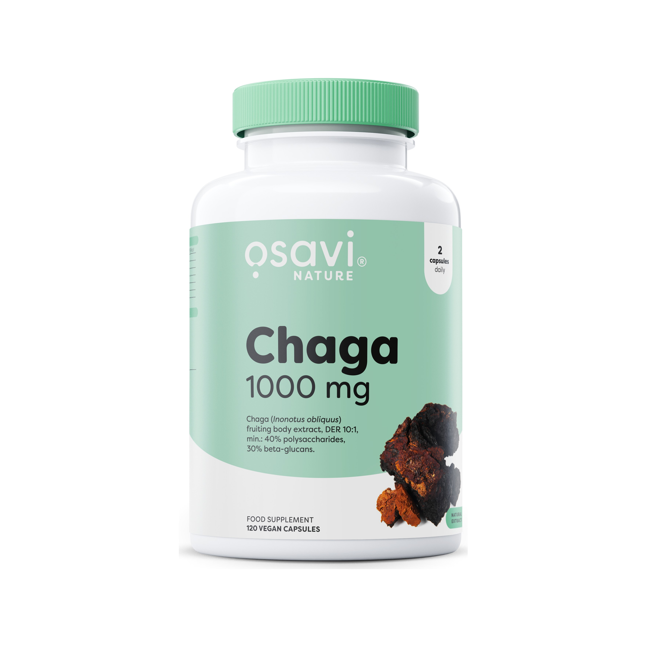 Osavi Chaga 1000 mg kapselburk med grön lock, 120 veganska kapslar