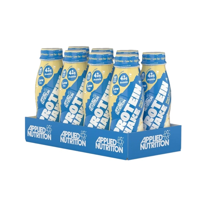 Applied Nutrition proteindryck, 8 x 500 ml, gul och blå flergångsförpackning med flaskor