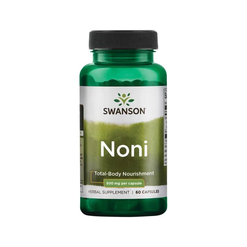 Swanson Noni 500 mg kosttillskott, flaska med 60 kapslar, grön etikett