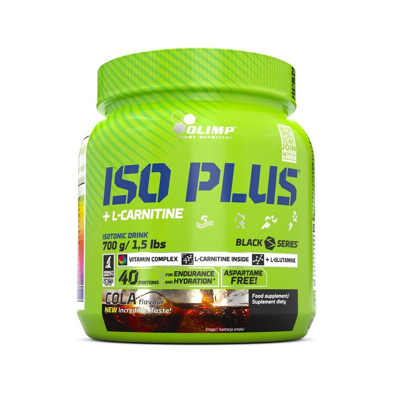 Olimp Nutrition Iso Plus 700 g grön burk med Cola-smak på etiketten