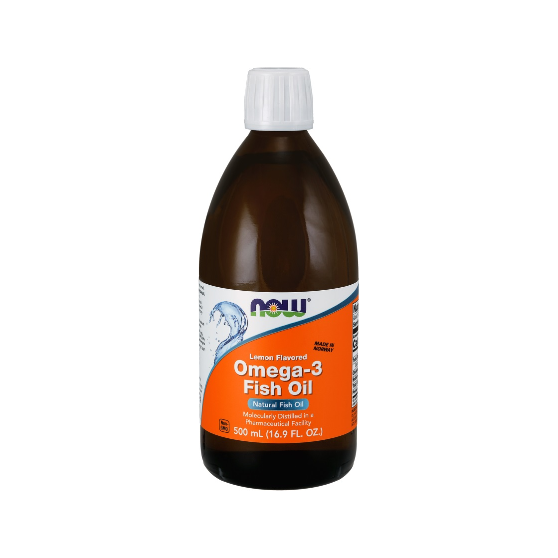 NOW Foods omega-3 fiskolja i mörkbrun flaska med vit kork, 500 ml