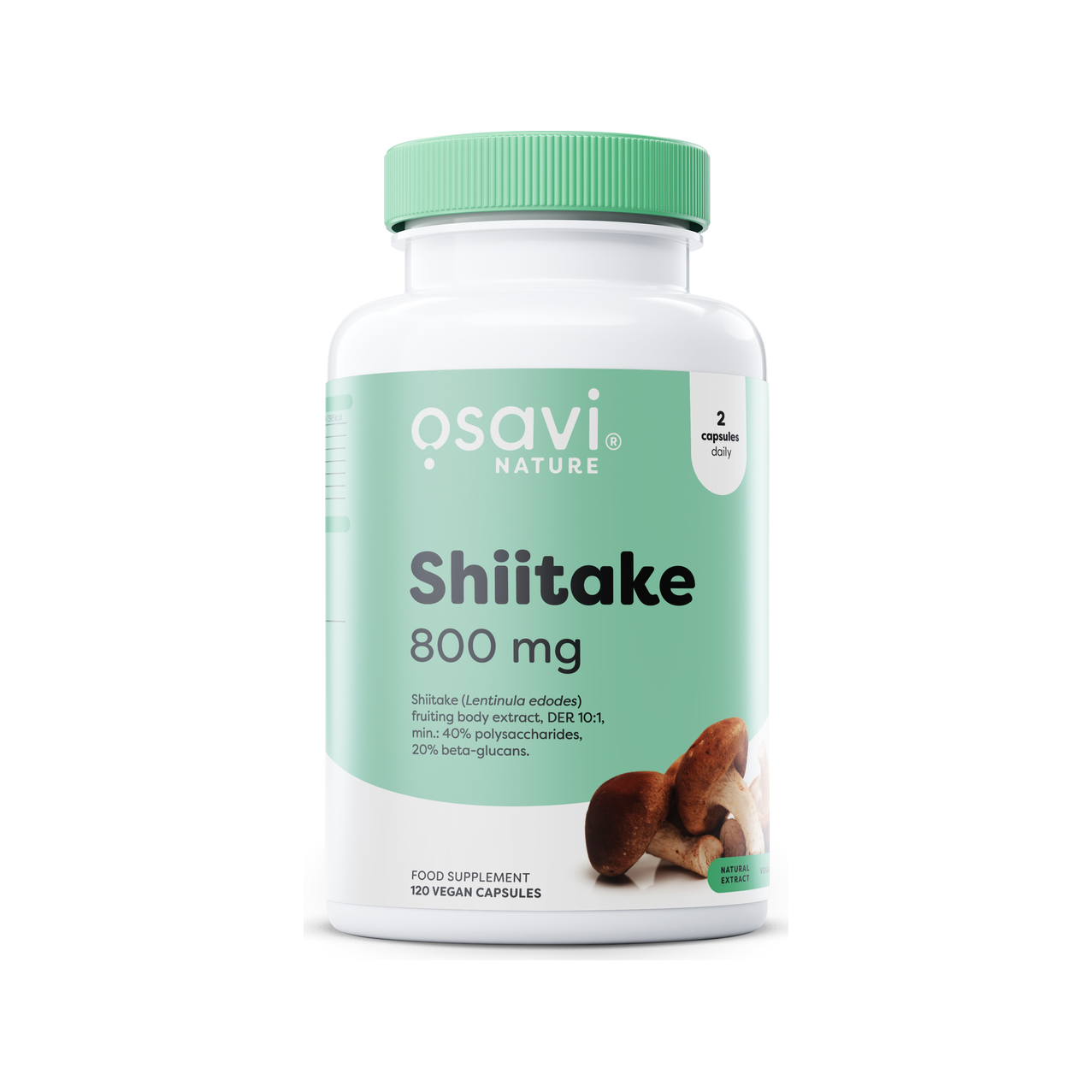 Osavi Nature shiitake-kapslar 800 mg i vit burk med grön etikett