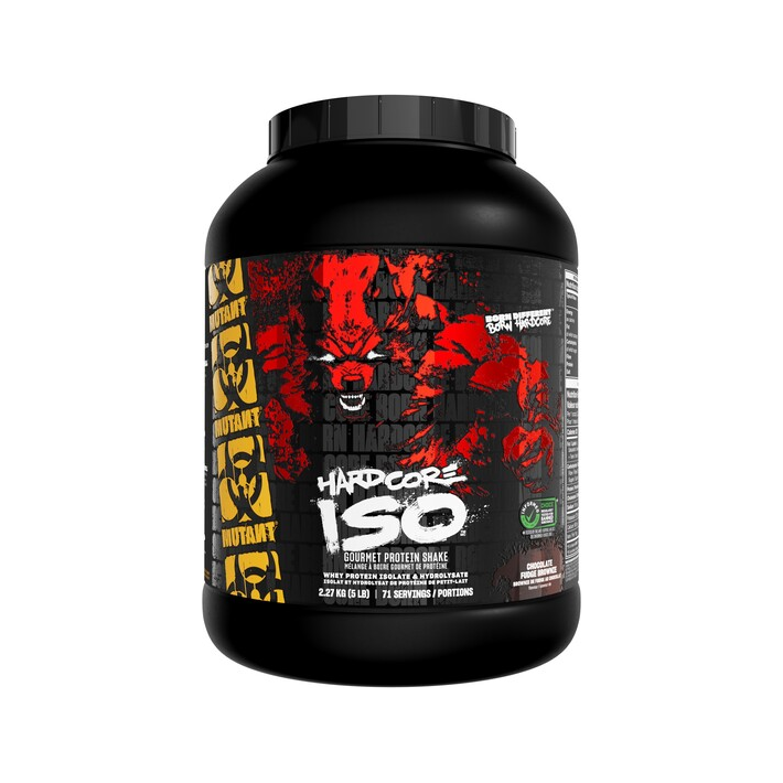 Protein-shakeburk i svart med röd/svart etikett och beige färgkod på baksidan