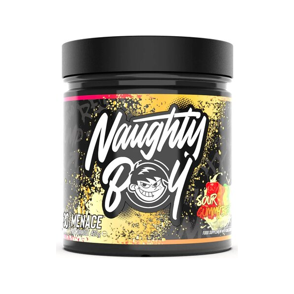 Naughty Boy Menace vitamintillskott i burk med orange etikett, svart lock, 420 g