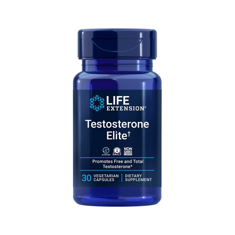 Kapselburk med mörkblå etikett Life Extension Testosterone Elite+
