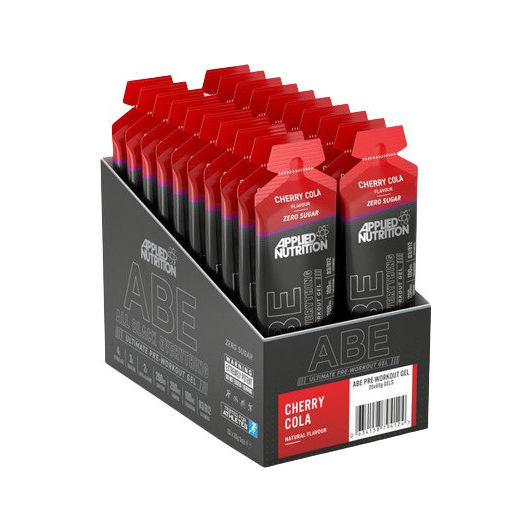 Applied Nutrition ABE-drycksgel, röd Cherry Cola, i kartongställ med flera tuber.