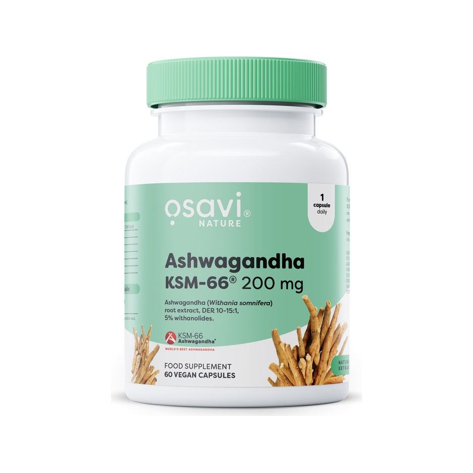 Ashwagandha KSM-66 200 mg kosttillskott i vit burk med grön skruvkork, 60 kapslar