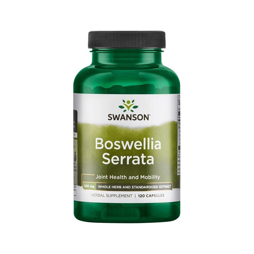 Swanson Boswellia Serrata kapseltillskott i grön burk med svart lock, 120 kapslar.