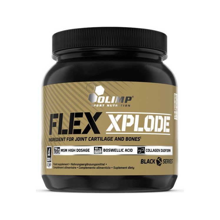 Olimp Flex Xplode kosttillskott, svart burk med gul etikett och lock