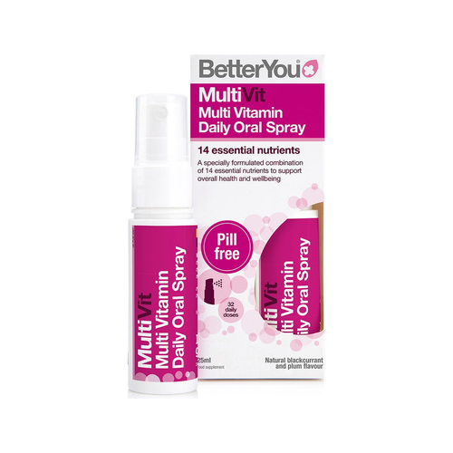BetterYou MultiVit daglig oralspray i flaska och förpackning, lila