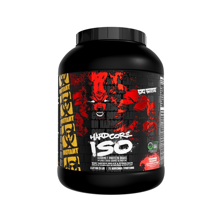 Protein-shakeburk i svart med röd/svart etikett och röd färgkod på baksidan