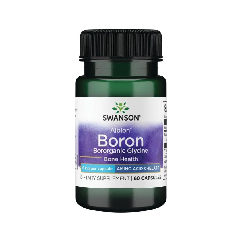 Swanson kapselburk Albion Boron Glycine med grön etikett och svart lock, 60 kapslar