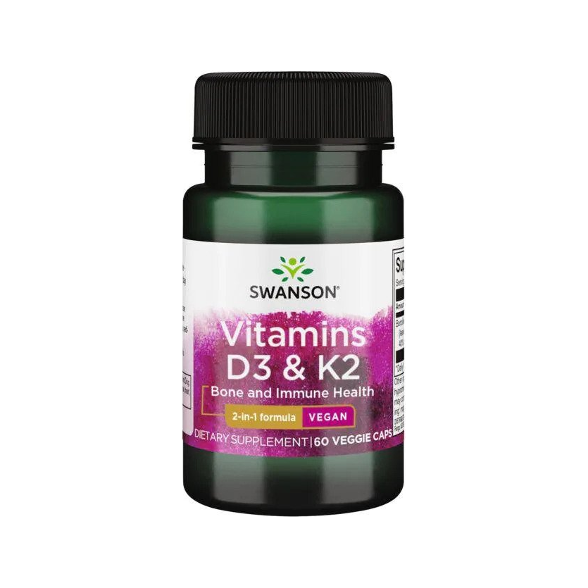 Kapselburk för vitaminerna D3 och K2, grön flaska med svart lock, 60 kapslar