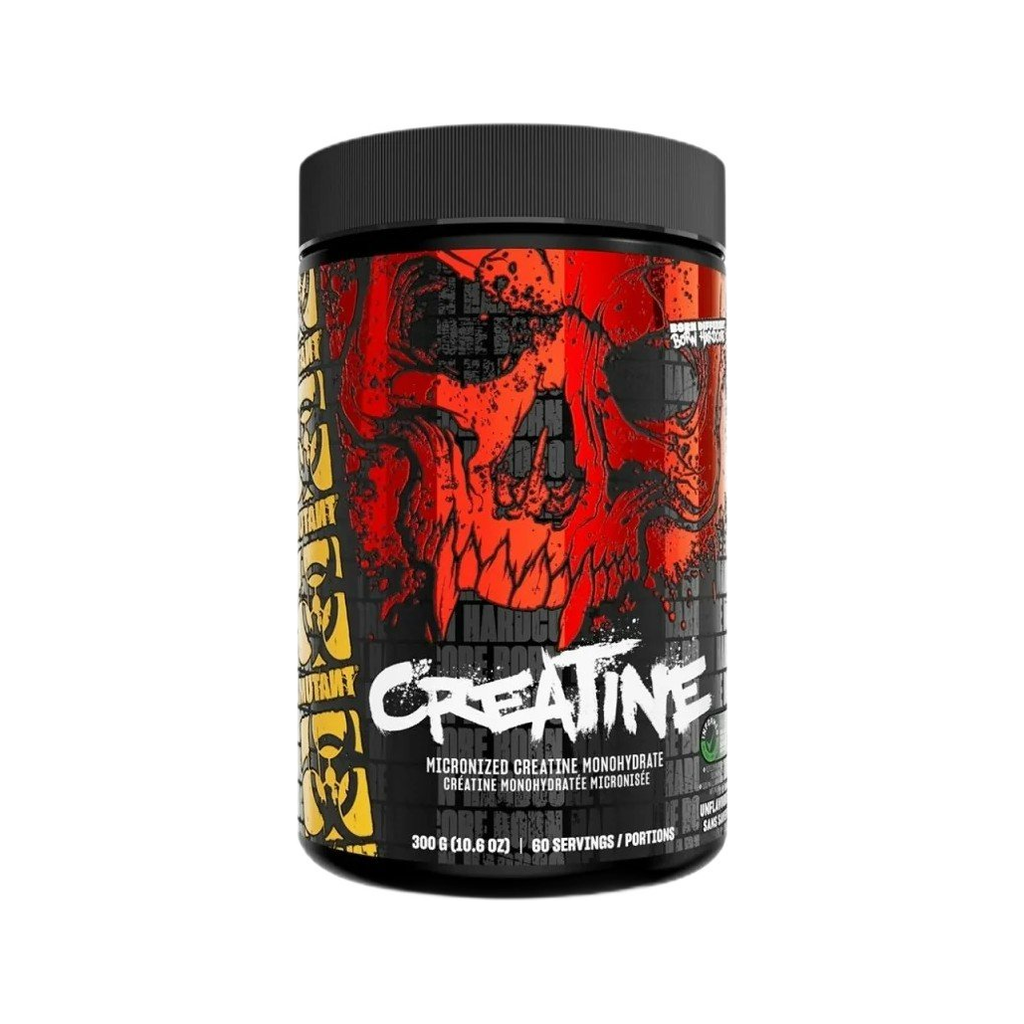 Mutant kreatin 300 g i burk med svart lock och röd/gul grafisk etikett