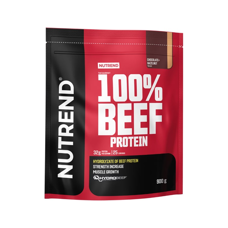 Proteinpulverpåse Nutrend 100% beef, choklad-hasselnöt, 900 g