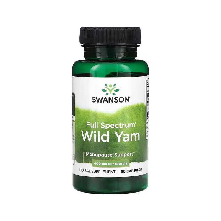 Swanson Wild Yam kosttillskott i grön flaska med svart skruvlock, 60 kapslar