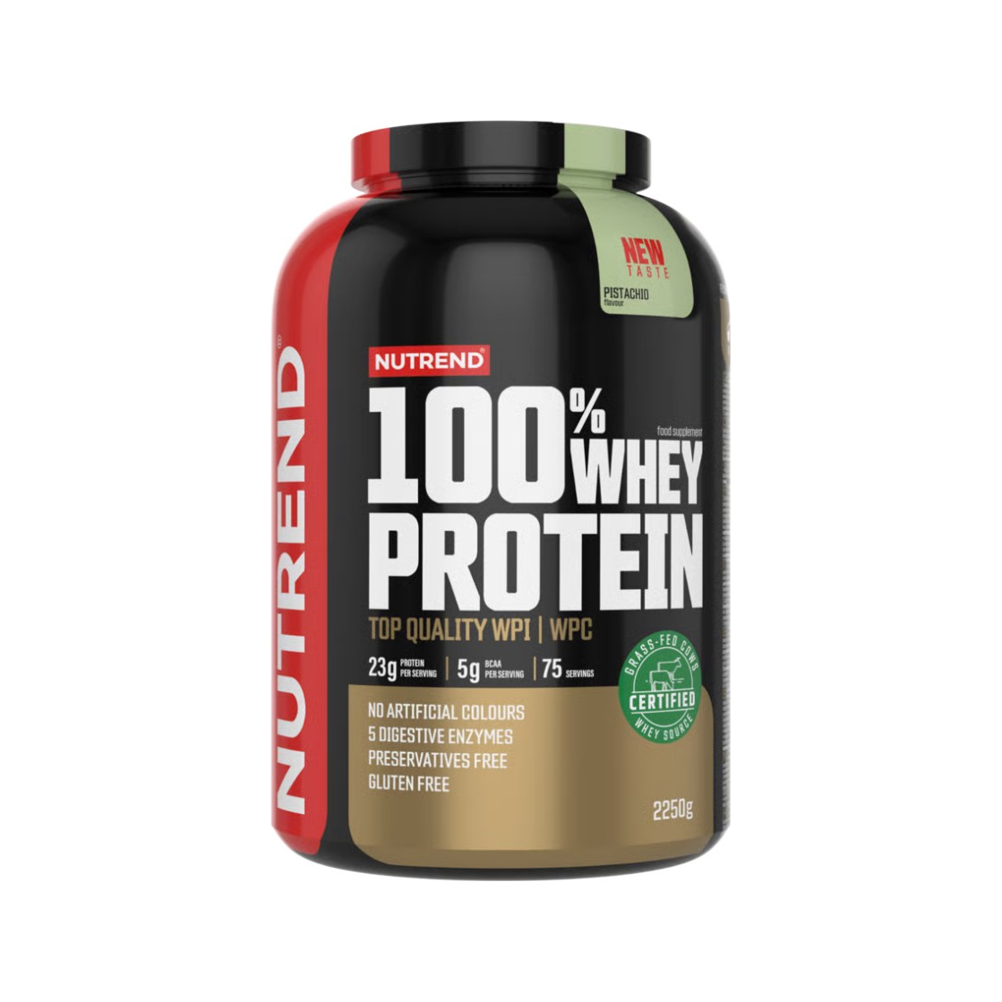 Nutrend 100% vassleprotein 2250 g, röd burk med svart lock och grön toppetikett.