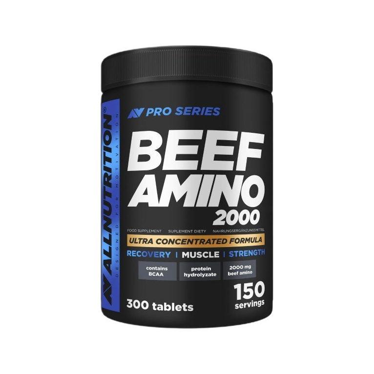 Allnutrition Beef Amino 2000 kosttillskott, svart burk med text och lock