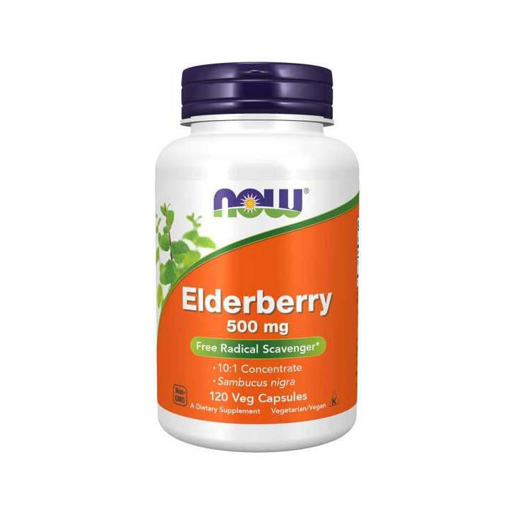 NOW Elderberry 500 mg kosttillskott i burk med lock, 120 vegokapslar
