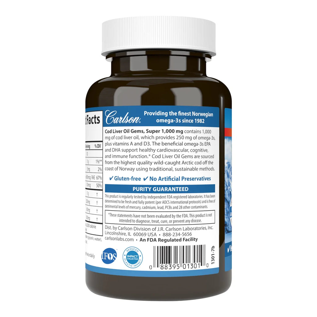 Carlson Labs Wild Norwegian Cod Liver Oil Gems 1000 mg 100 kapslar