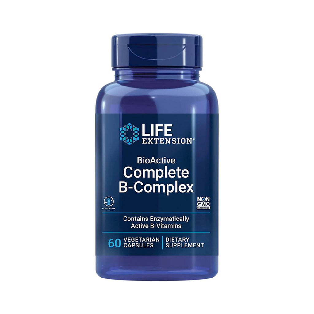 Blå flaska med Life Extension BioActive B-Complex-etikett och 60 kapslar