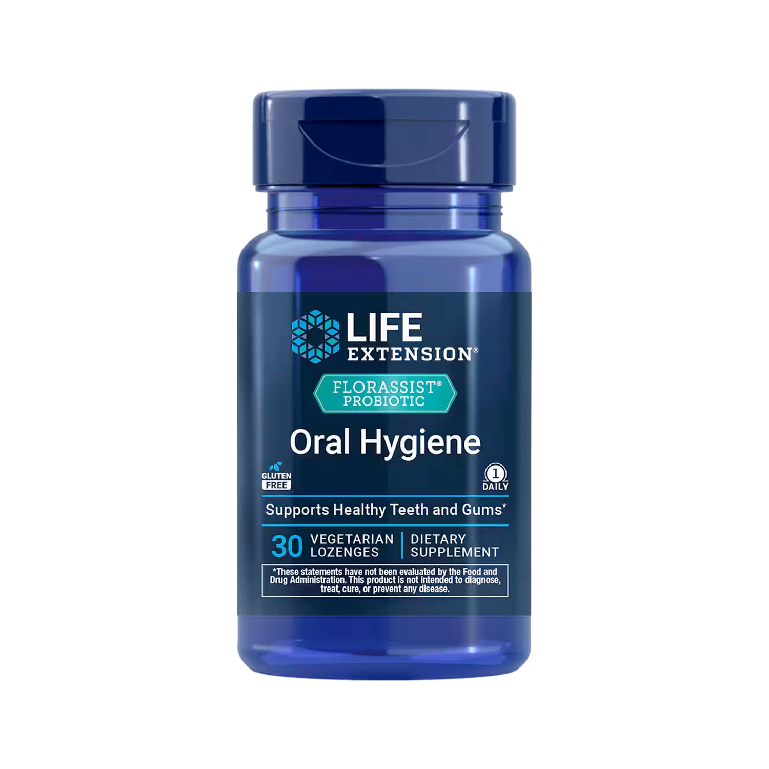Life Extension Florassist orala hygien-sugtabletter i mörkblå burk med lock