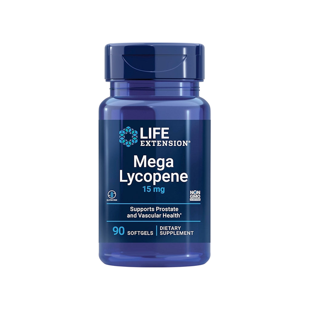Blå kapselburk med etikett Mega Lycopene 15 mg, 90 softgels och skruvlock