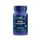 Blå kapselburk med etikett Mega Lycopene 15 mg, 90 softgels och skruvlock