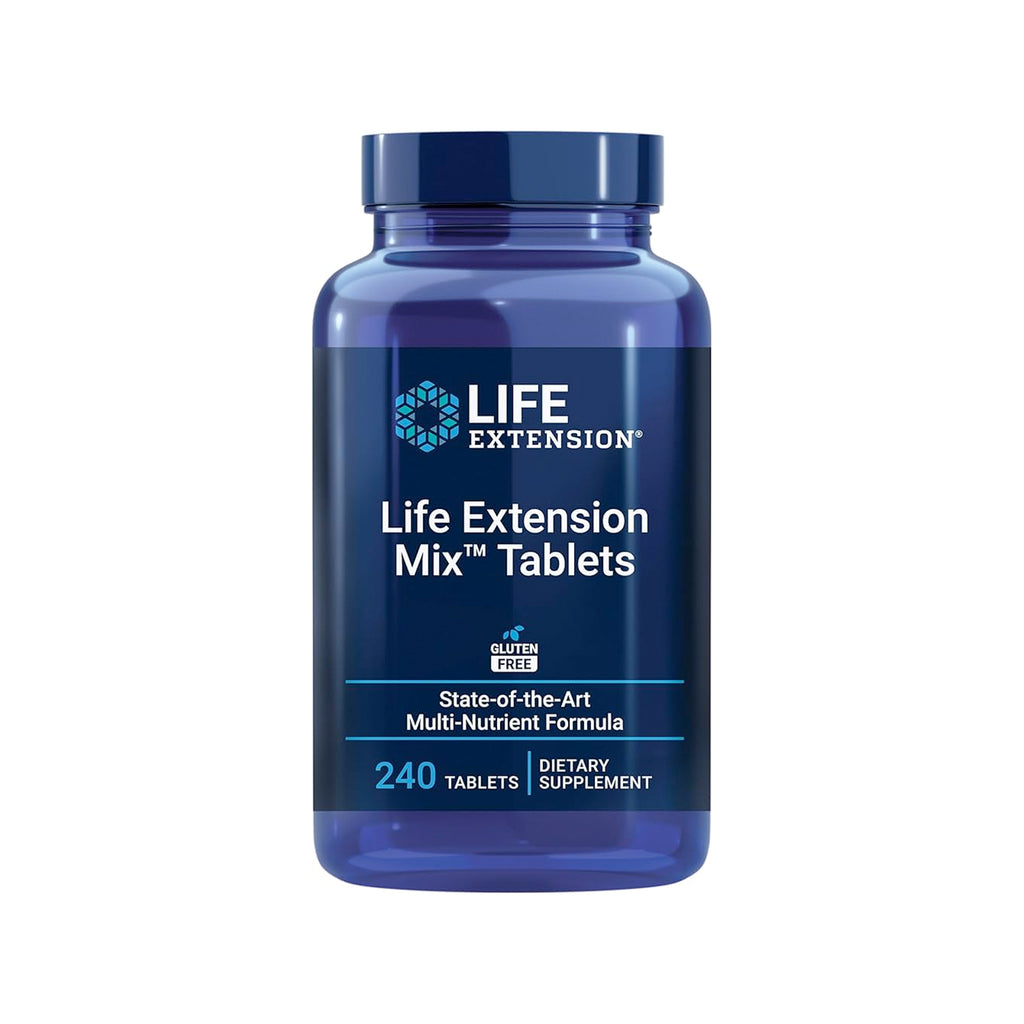 Life Extension tablettflaska med blå etikett och lock