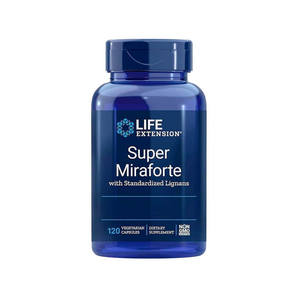 Kapseltillskott i blå flaska med etikett Life Extension Super Miraforte