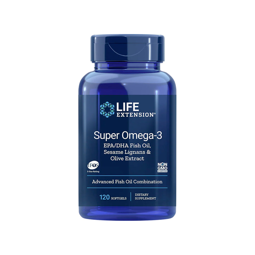 Life Extension Super Omega-3 fiskoljekapslar, flaska med blå etikett, 120 kapslar