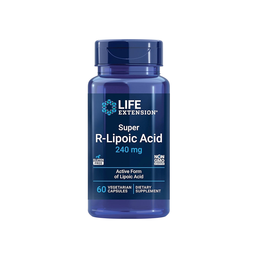 Blå kapselflaska med Life Extension-etikett, R-liponsyra 240 mg, 60 kapslar