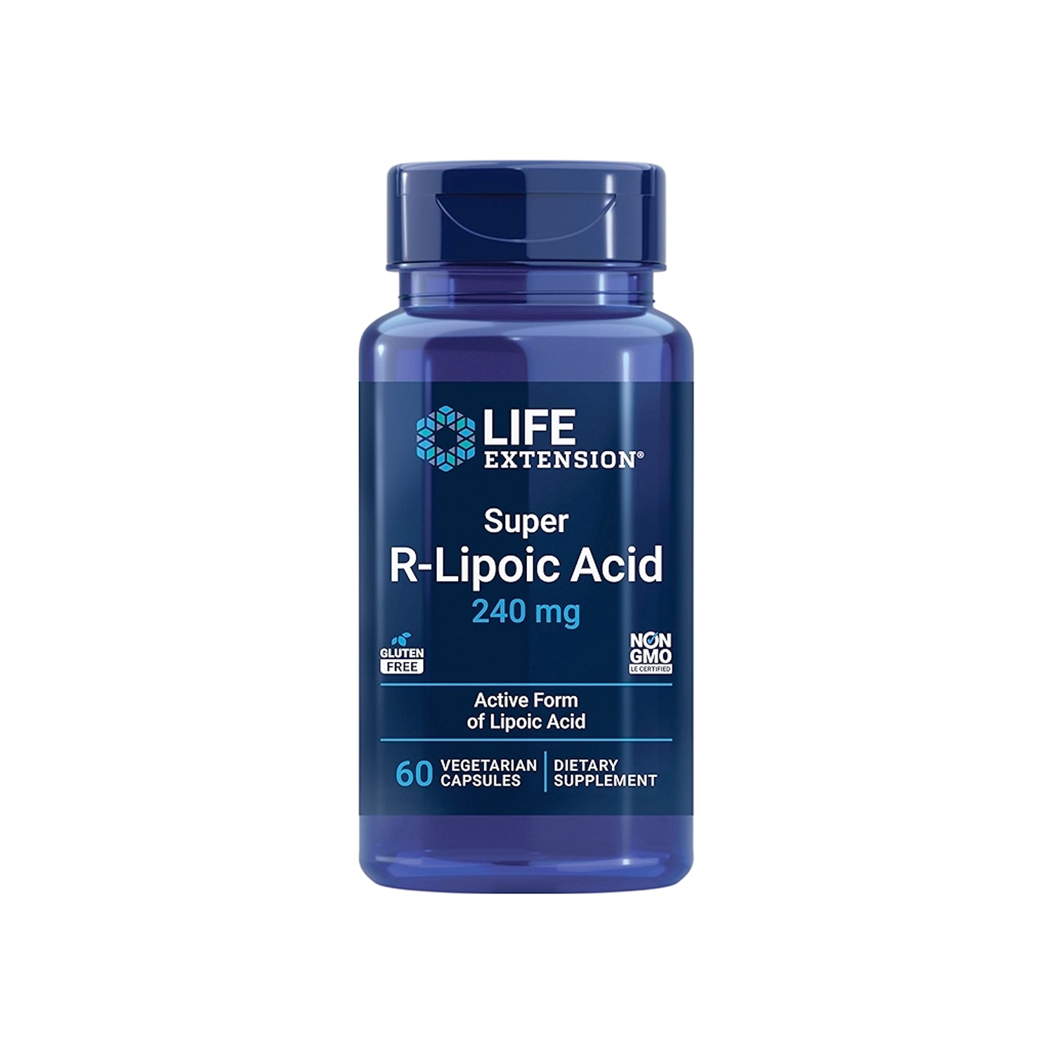 Blå kapselflaska med Life Extension-etikett, R-liponsyra 240 mg, 60 kapslar