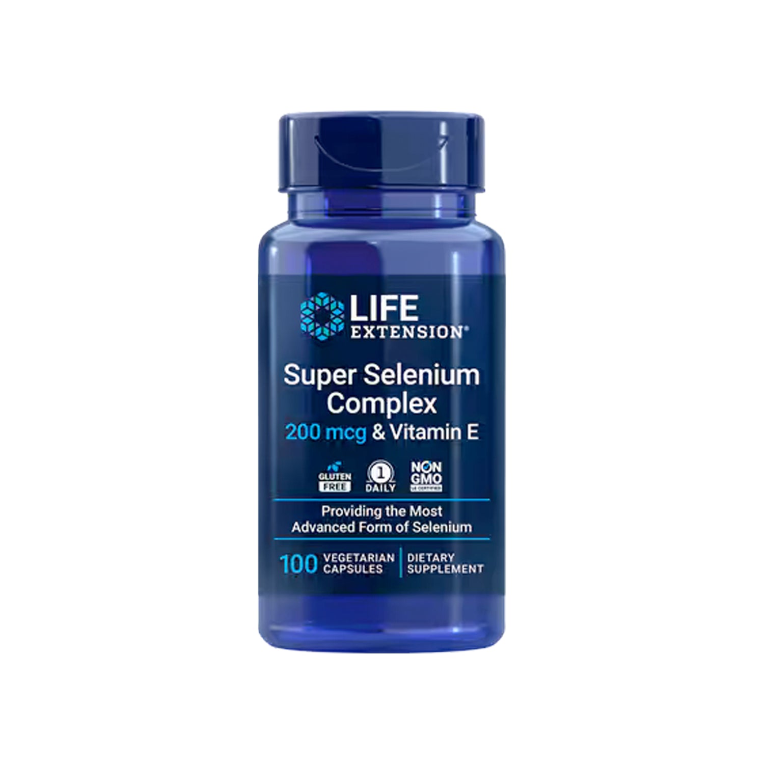Life Extension kapseltillskott i blå flaska med lock, Super Selenium Complex & vitamin E