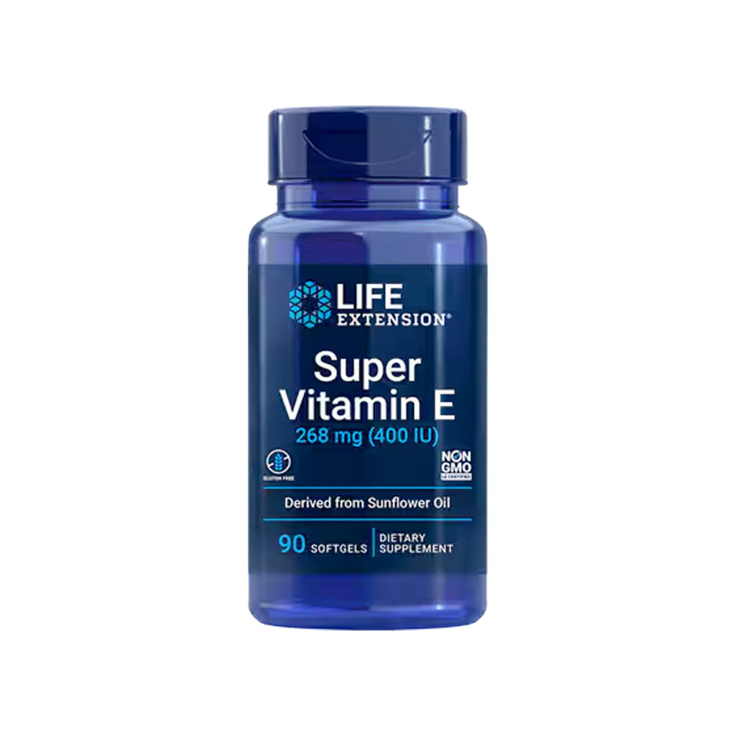 Vitamin E-tillskott i blå plastflaska, 90 kapslar, Life Extension