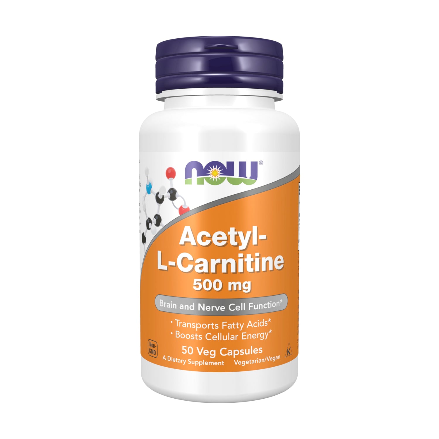 NOW Foods acetyl-L-karnitin 500 mg kapselburk med etikett, 50 kapslar