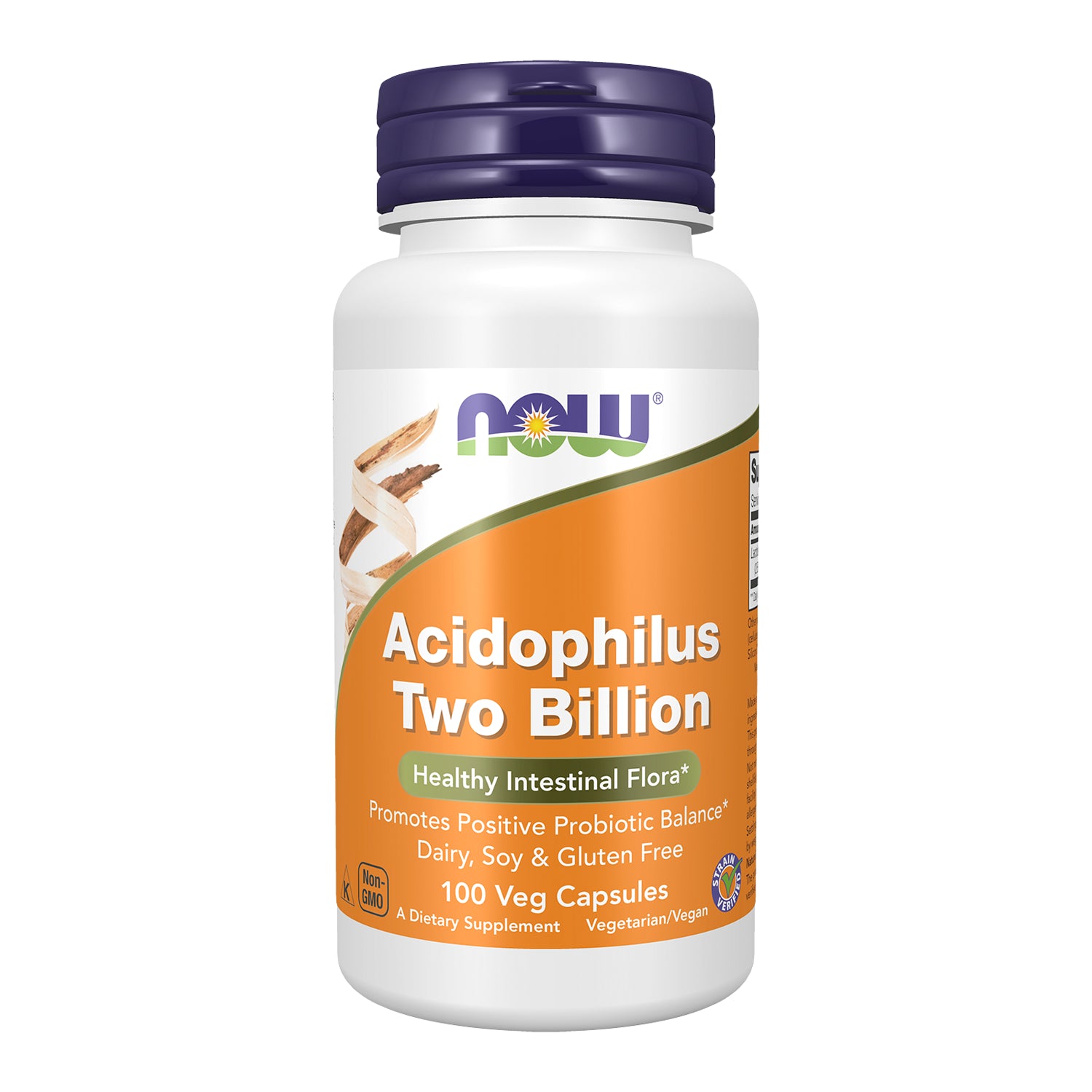 Kapseltillskottflaska NOW Acidophilus Two Billion, 100 veg kapslar med etikett