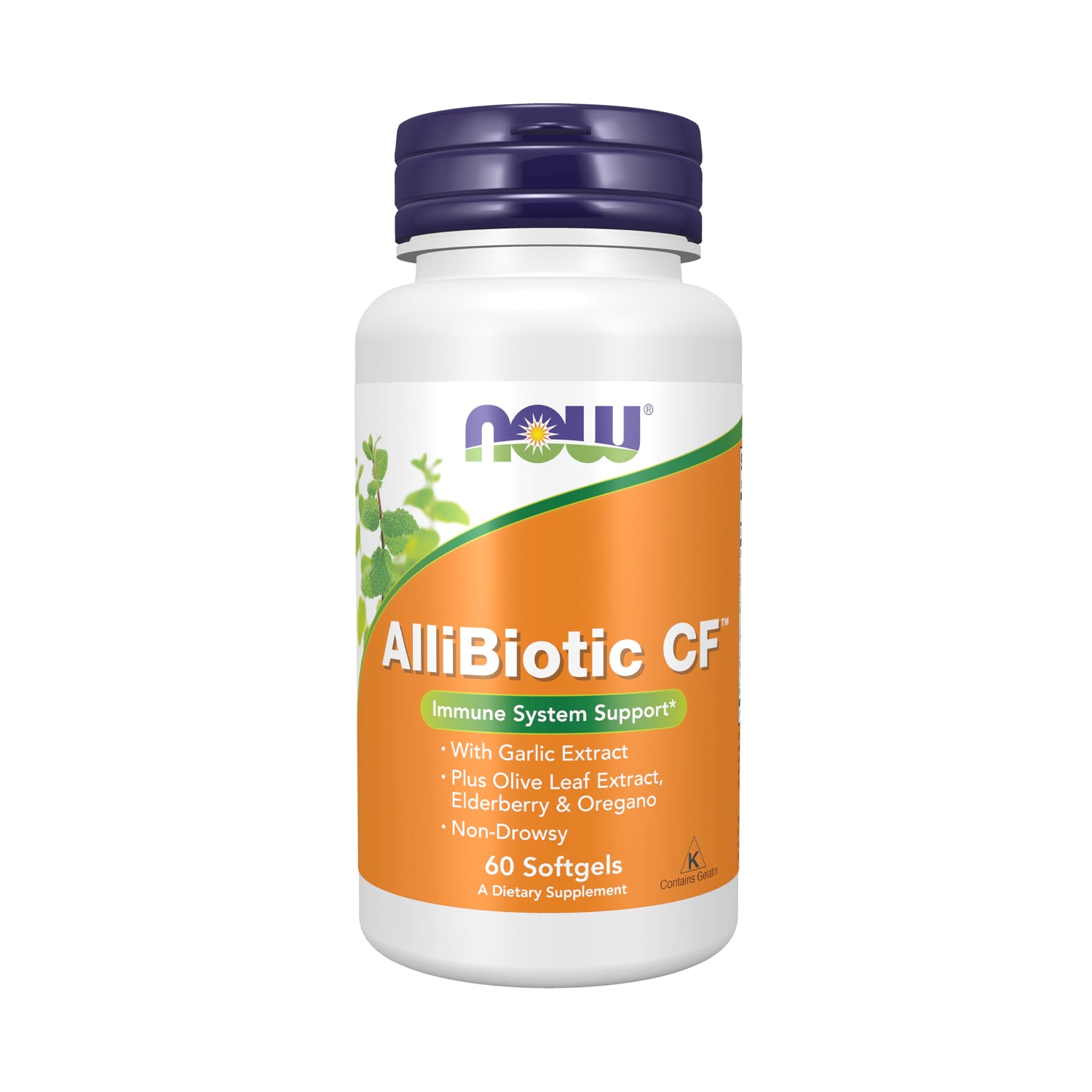 Kosttillskottflaska AlliBiotic CF med grön/orange etikett och lila lock