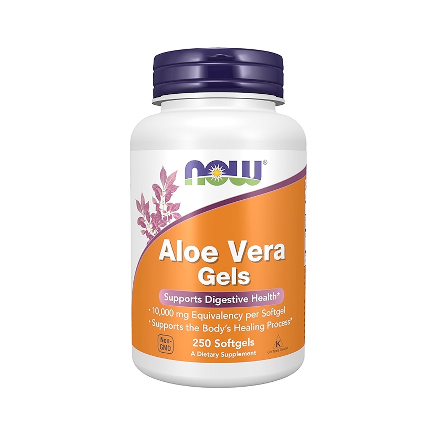 Aloe vera-gel i kapslar från NOW Foods, burk med lila lock och etikett