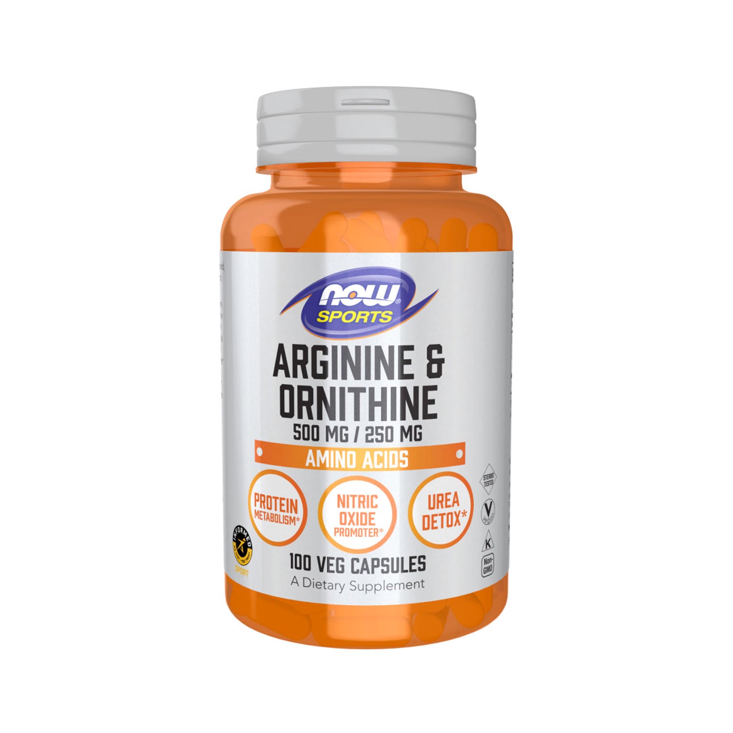 NOW Sports kapselburk för Arginine & Ornithine, 100 vegkapslar, orange lock